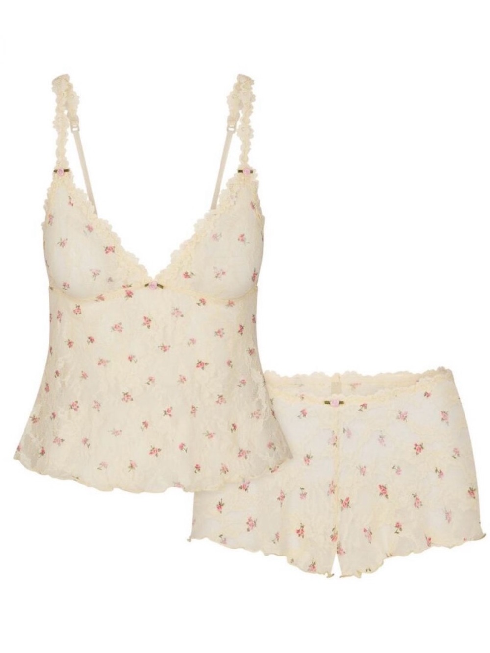 NWT SKIMS Lace Triangle Cami and Shorts Set in Butter Rose Print